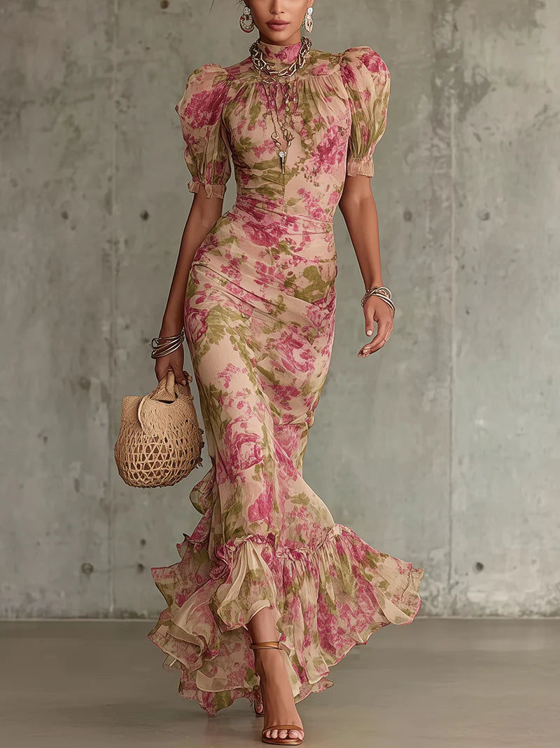 Mae | Robe Maxi avec Imprimé Rose Vintage et Manches Bouffantes Henri Lyon