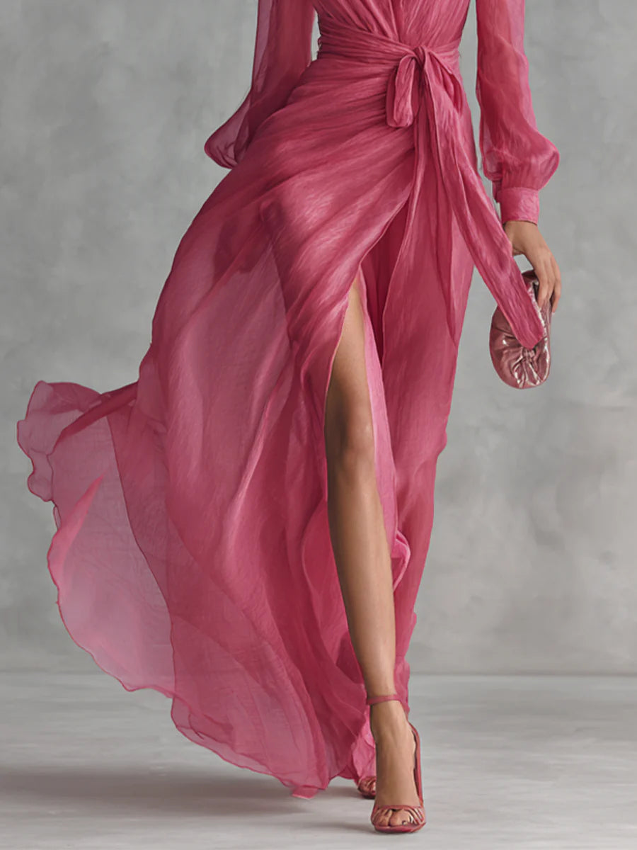 Beatrice | Robe longue en chiffon élégante avec décolleté en V et taille à nouer Henri Lyon