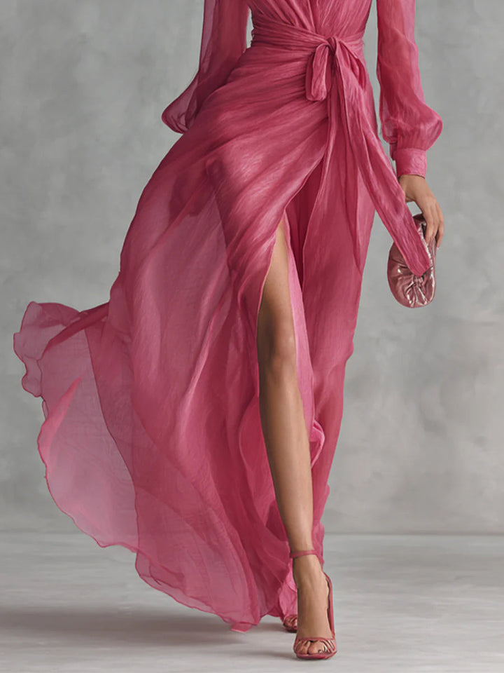 Beatrice | Robe longue en chiffon élégante avec décolleté en V et taille à nouer Henri Lyon