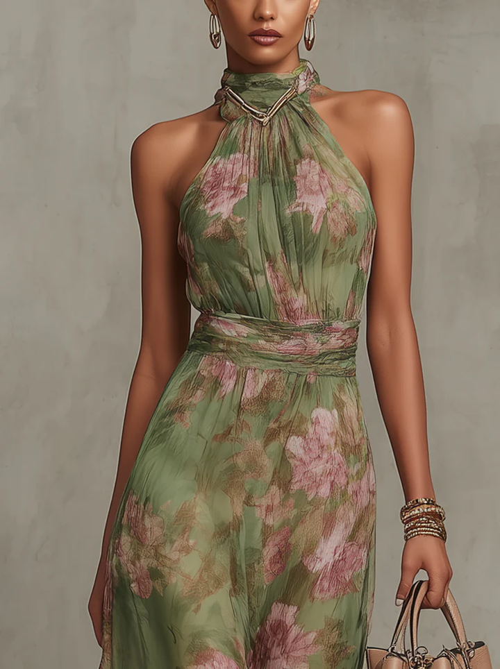 Firenze | Robe Maxi Chiffon Florale Verte à Dos Nu Henri Lyon