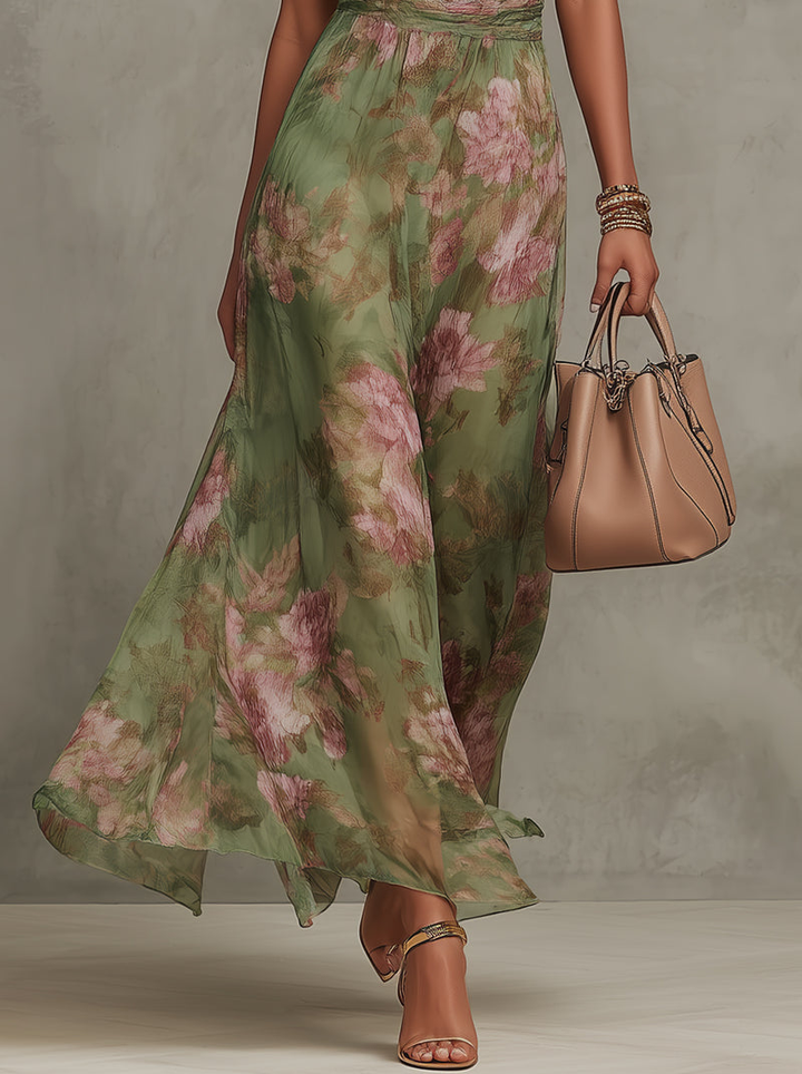 Firenze | Robe Maxi Chiffon Florale Verte à Dos Nu Henri Lyon