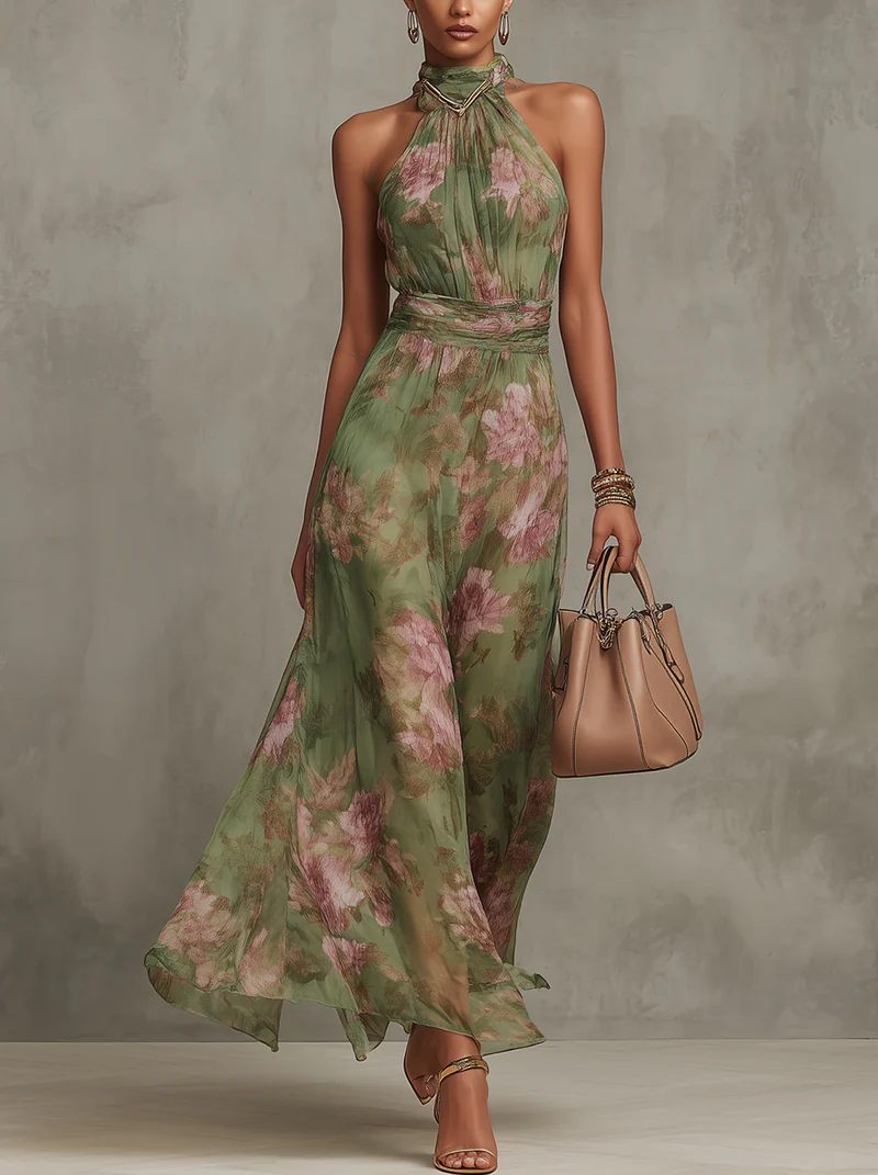 Firenze | Robe Maxi Chiffon Florale Verte à Dos Nu Henri Lyon
