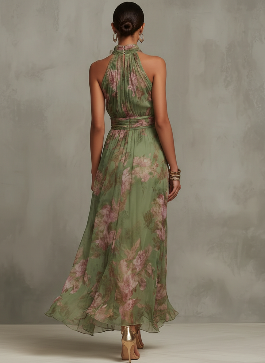 Firenze | Robe Maxi Chiffon Florale Verte à Dos Nu Henri Lyon