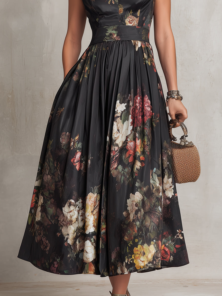 Patricia | Robe Midi Plissée en Satin Floral Noir Henri Lyon