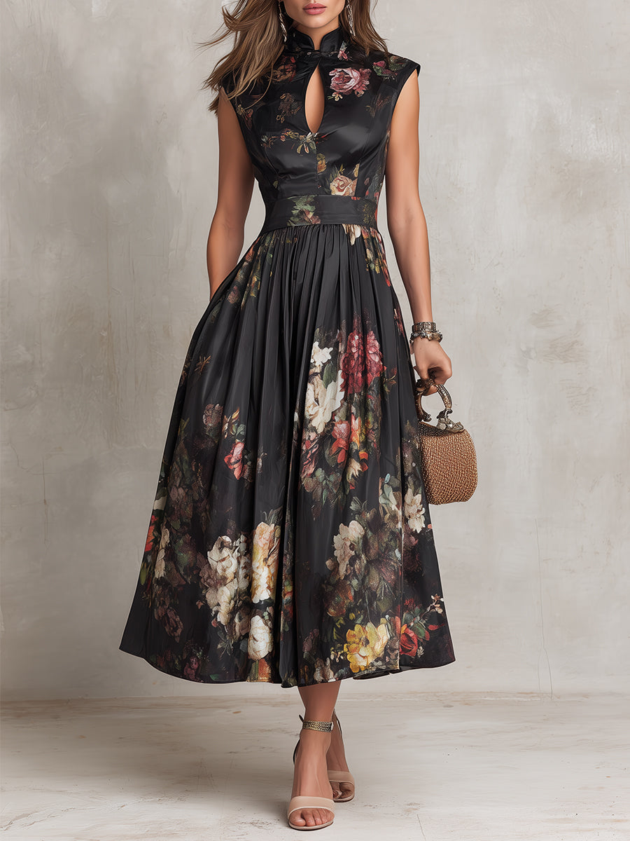 Patricia | Robe Midi Plissée en Satin Floral Noir Henri Lyon