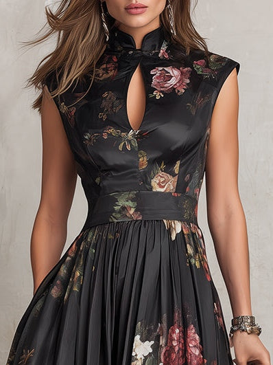 Patricia | Robe Midi Plissée en Satin Floral Noir Henri Lyon
