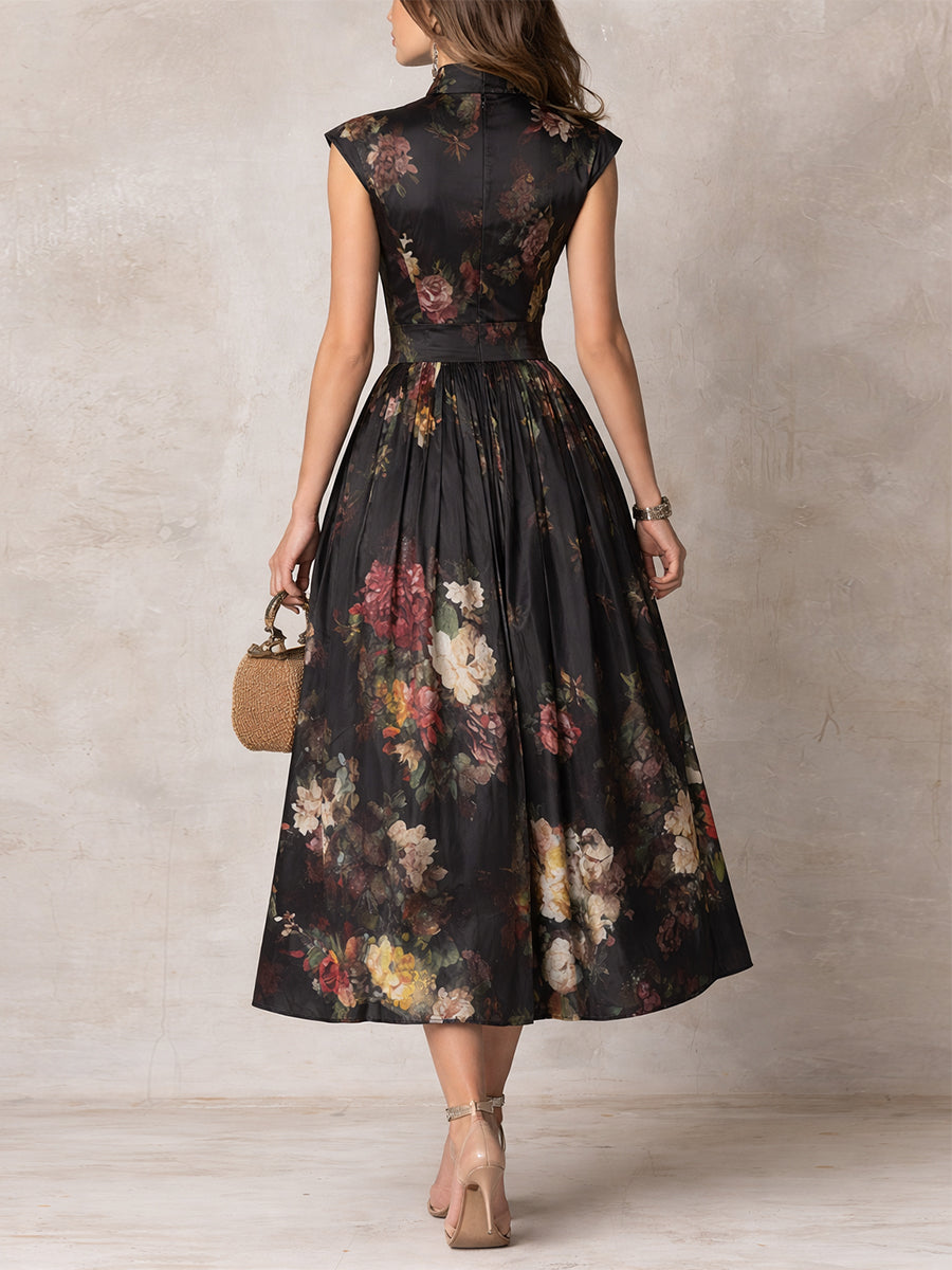 Patricia | Robe Midi Plissée en Satin Floral Noir Henri Lyon