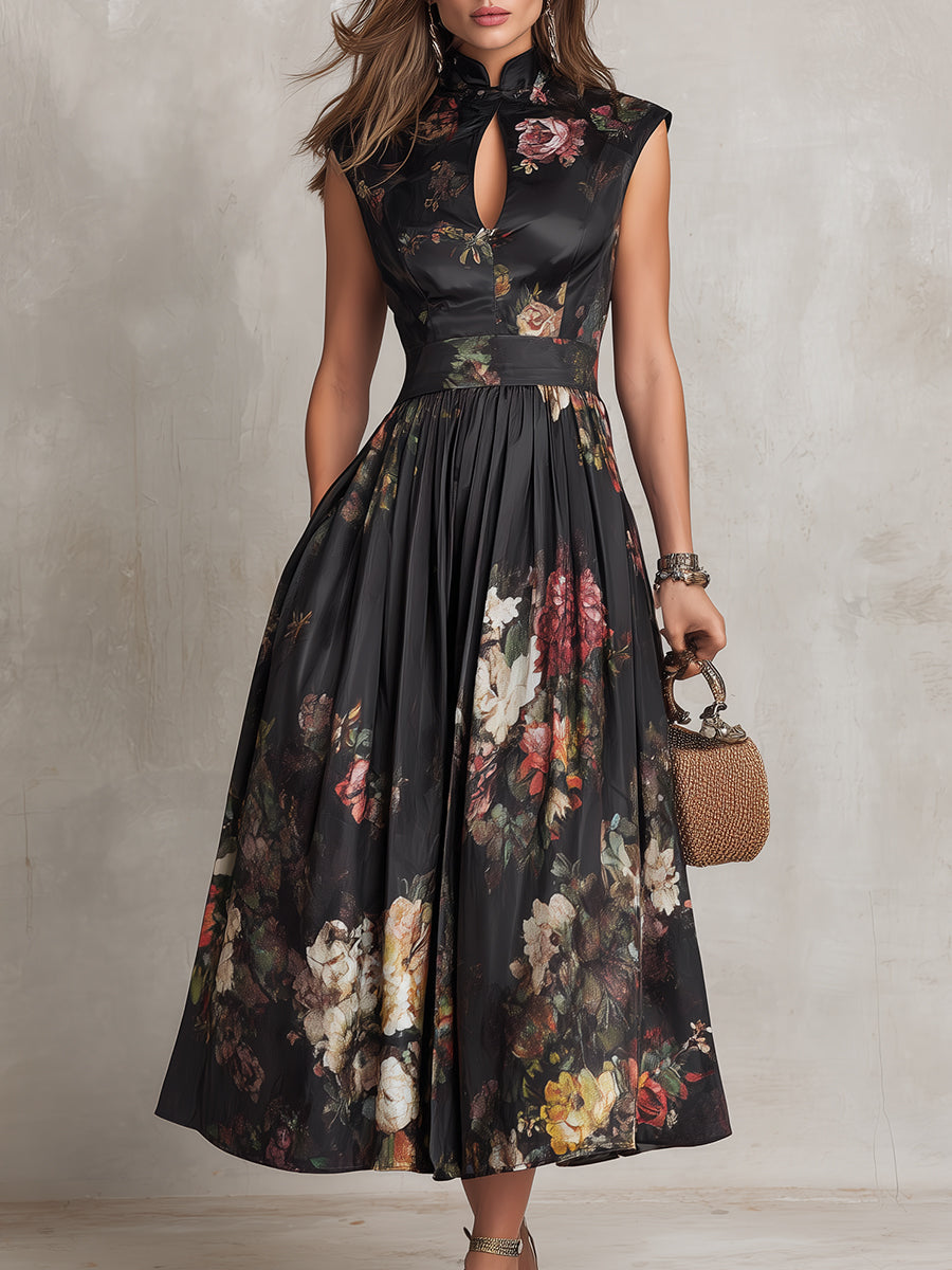 Patricia | Robe Midi Plissée en Satin Floral Noir Henri Lyon