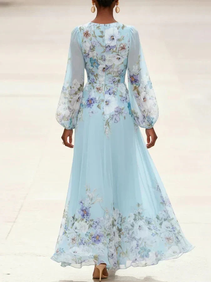 Mia | Robe Maxi Chiffon Floral Bleu Clair avec Décolleté en V Henri Lyon