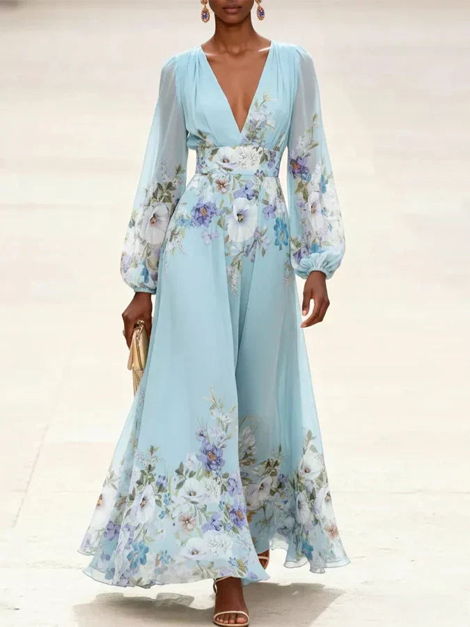 Mia | Robe Maxi Chiffon Floral Bleu Clair avec Décolleté en V Henri Lyon