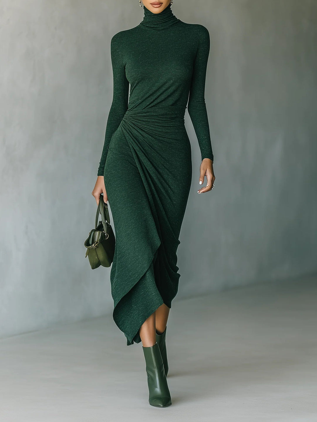 Lenora - Robe midi asymétrique plissée à col haut, vert foncé Henri Lyon