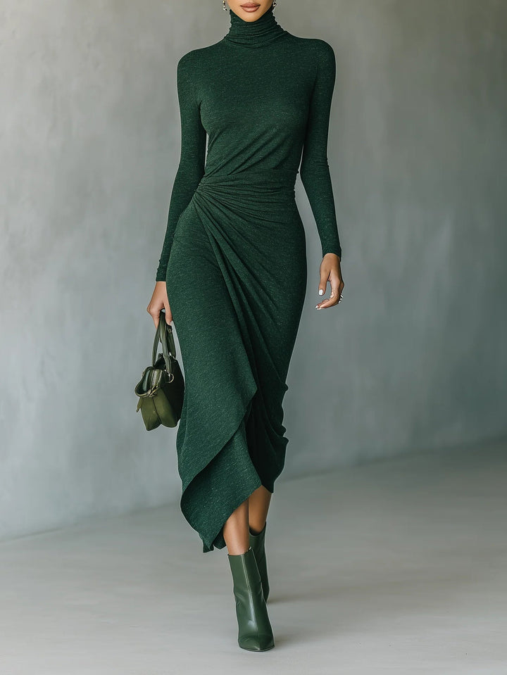 Lenora - Robe midi asymétrique plissée à col haut, vert foncé Henri Lyon