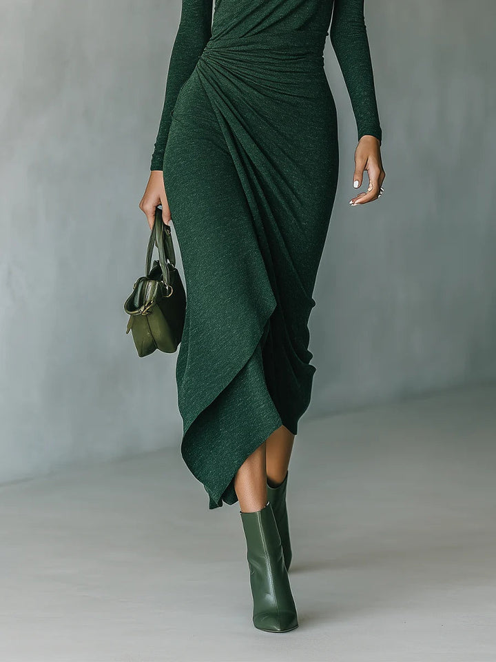 Lenora - Robe midi asymétrique plissée à col haut, vert foncé Henri Lyon