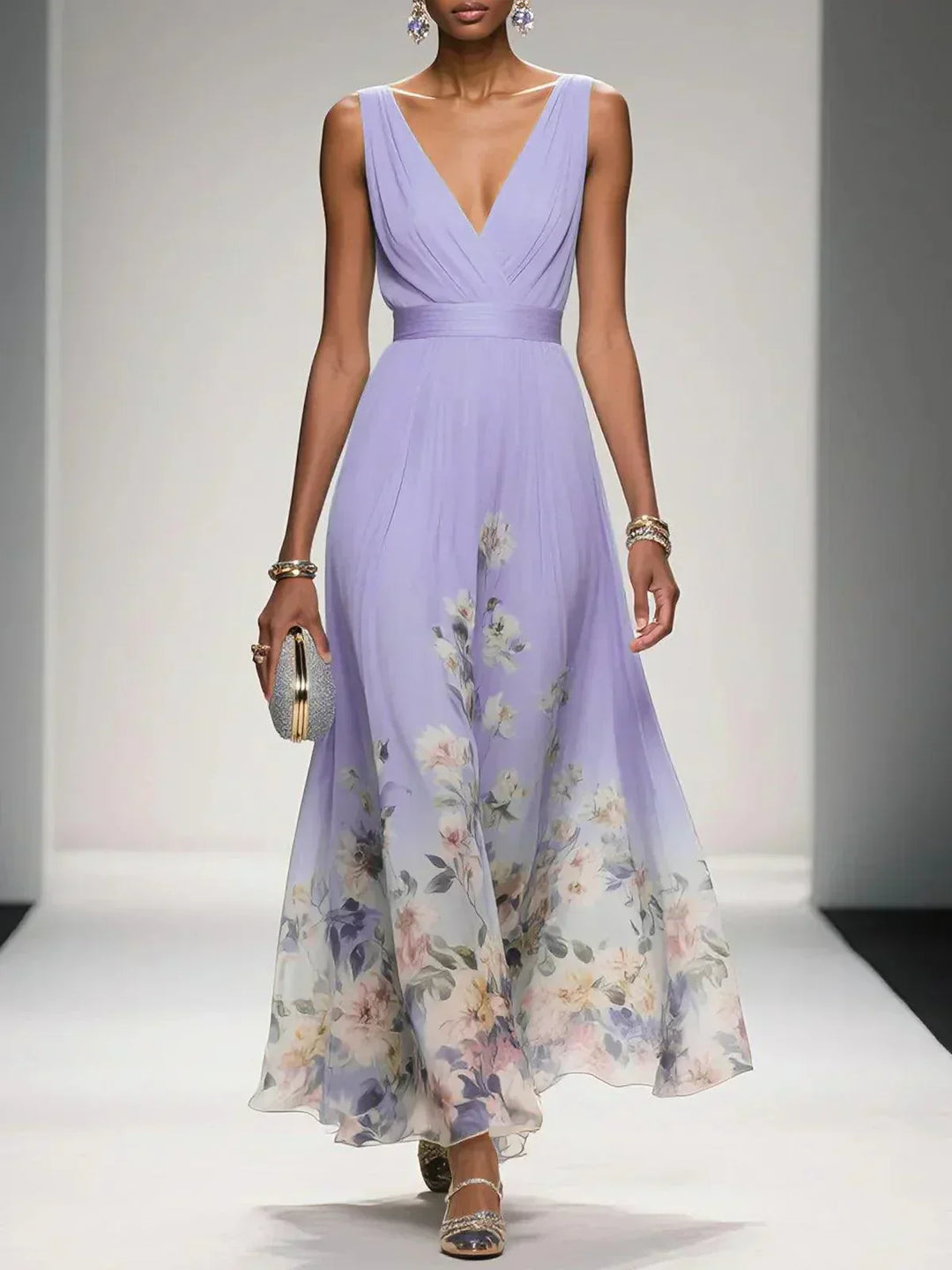 Rosa | Robe Maxi en Chiffon avec Fleurs Bleu Clair et Décolleté en V Henri Lyon