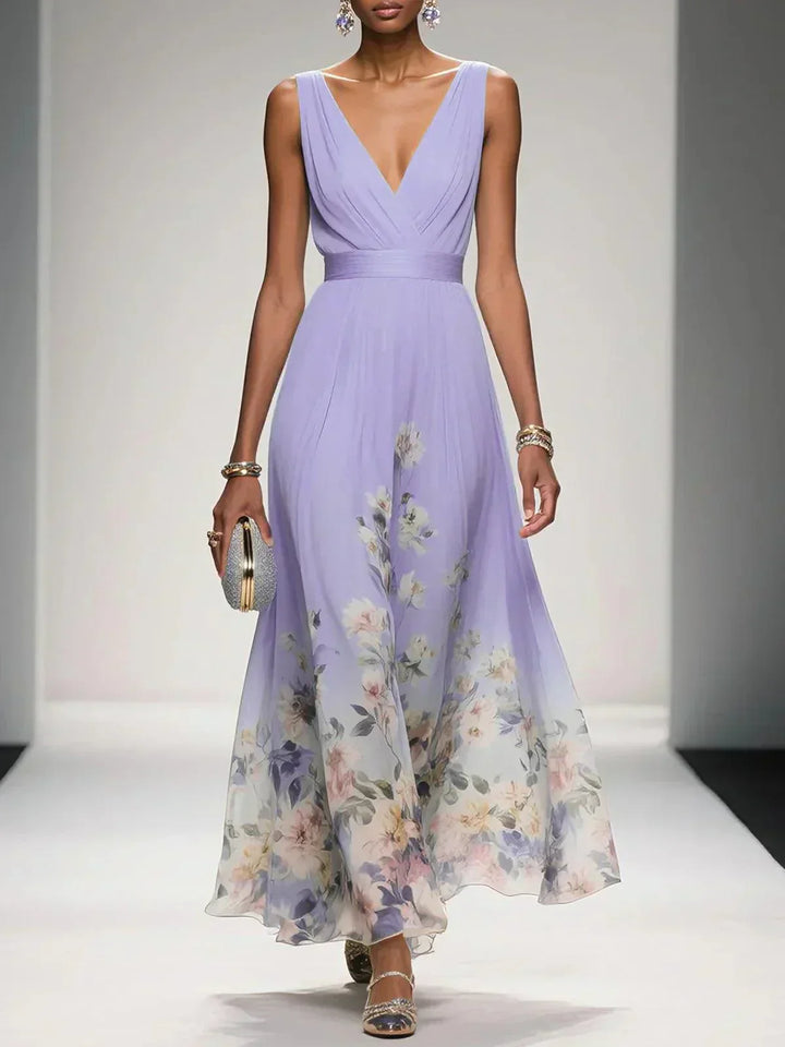 Rosa | Robe Maxi en Chiffon avec Fleurs Bleu Clair et Décolleté en V Henri Lyon