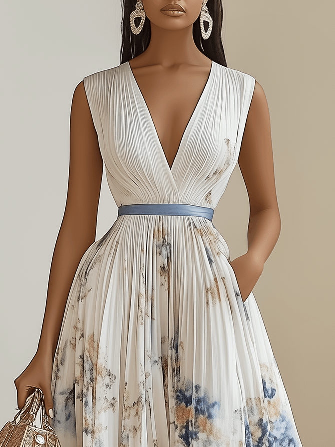 Chloé | Robe midi plissée en chiffon floral blanc avec décolleté en V Henri Lyon