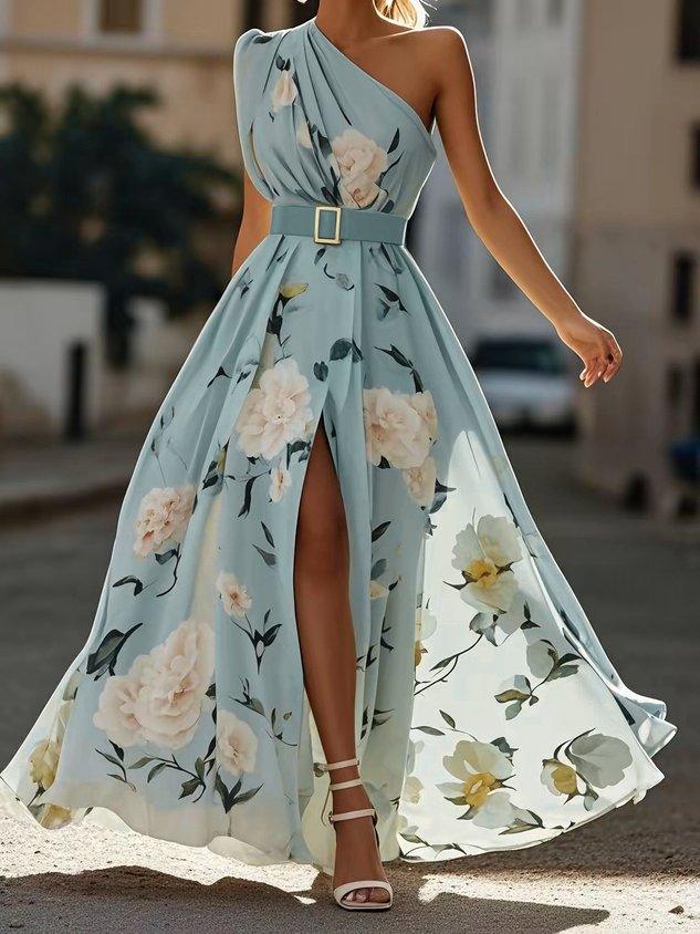 Julie | Robe Maxi Chiffon Florale à Épaules Dégagées Vert Clair Henri Lyon