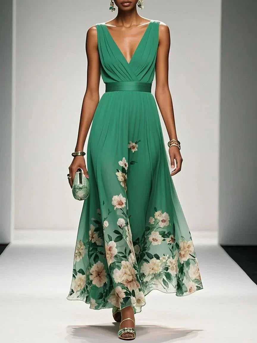 Rosa | Robe Maxi en Chiffon avec Fleurs Bleu Clair et Décolleté en V Henri Lyon