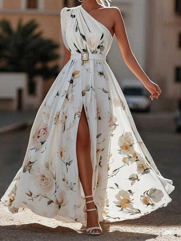 Julie | Robe Maxi Chiffon Florale à Épaules Dégagées Vert Clair Henri Lyon