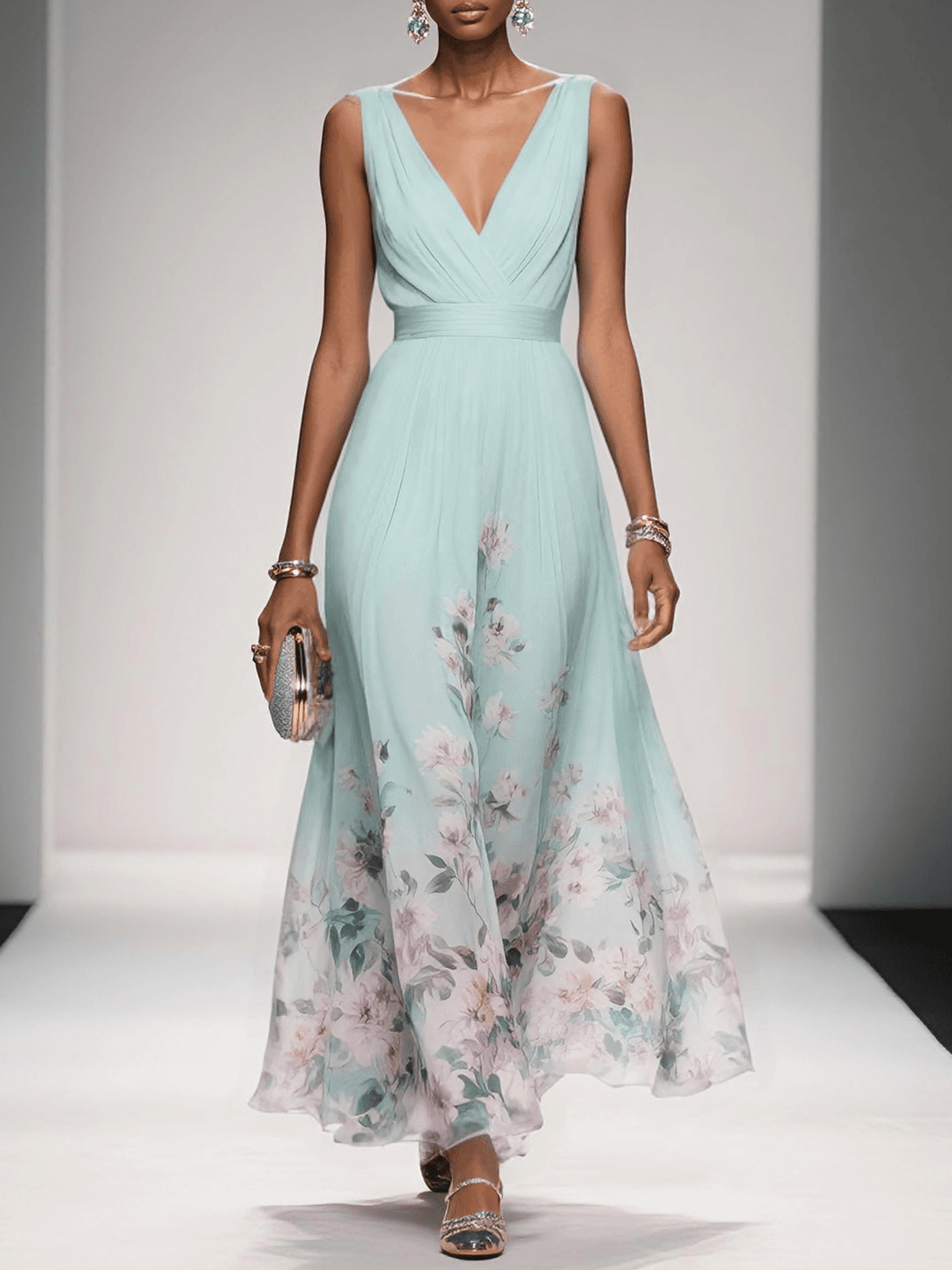 Rosa | Robe Maxi en Chiffon avec Fleurs Bleu Clair et Décolleté en V Henri Lyon