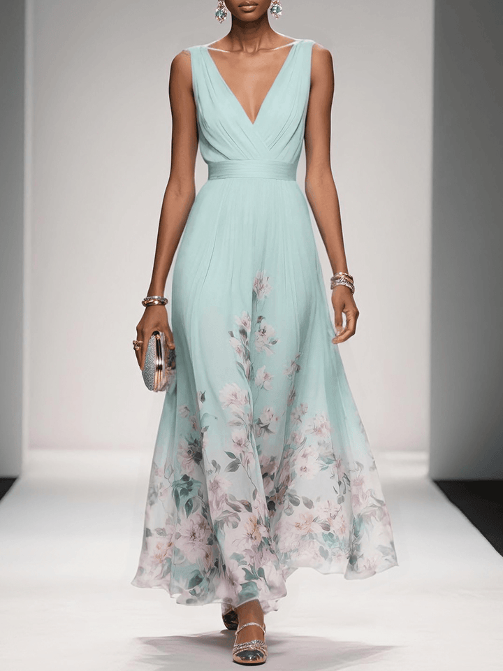Rosa | Robe Maxi en Chiffon avec Fleurs Bleu Clair et Décolleté en V Henri Lyon