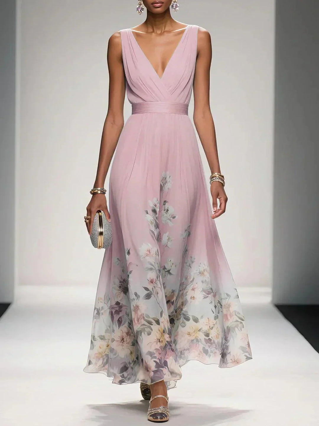 Rosa | Robe Maxi en Chiffon avec Fleurs Bleu Clair et Décolleté en V Henri Lyon