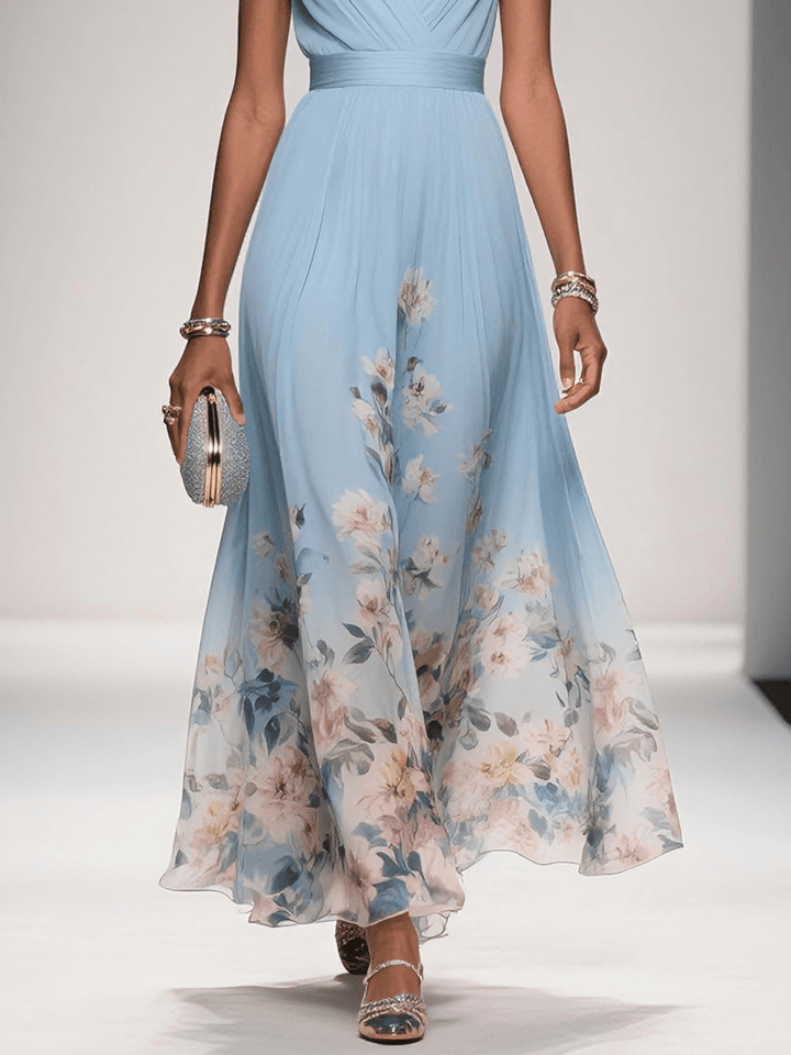 Rosa | Robe Maxi en Chiffon avec Fleurs Bleu Clair et Décolleté en V Henri Lyon