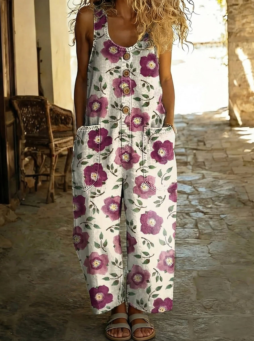 Inès™ - Salopette en denim imprimé floral avec boutons et coupe ample Henri Lyon