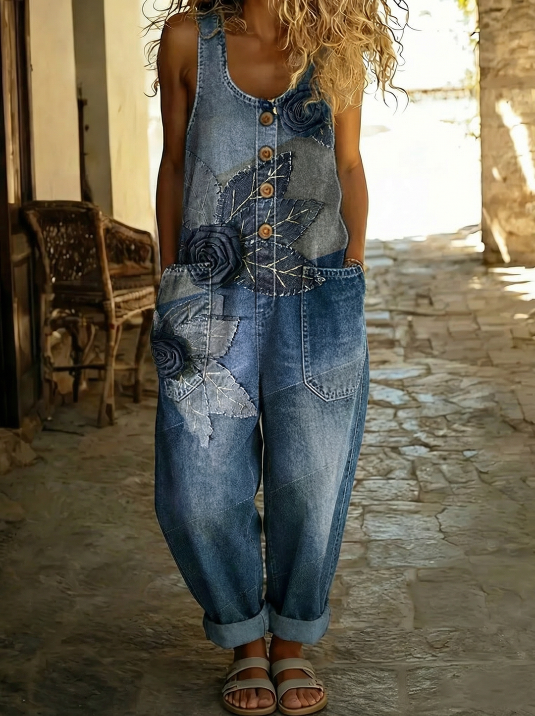 Juliette™ - Salopette en denim avec appliqué roses et feuilles Henri Lyon