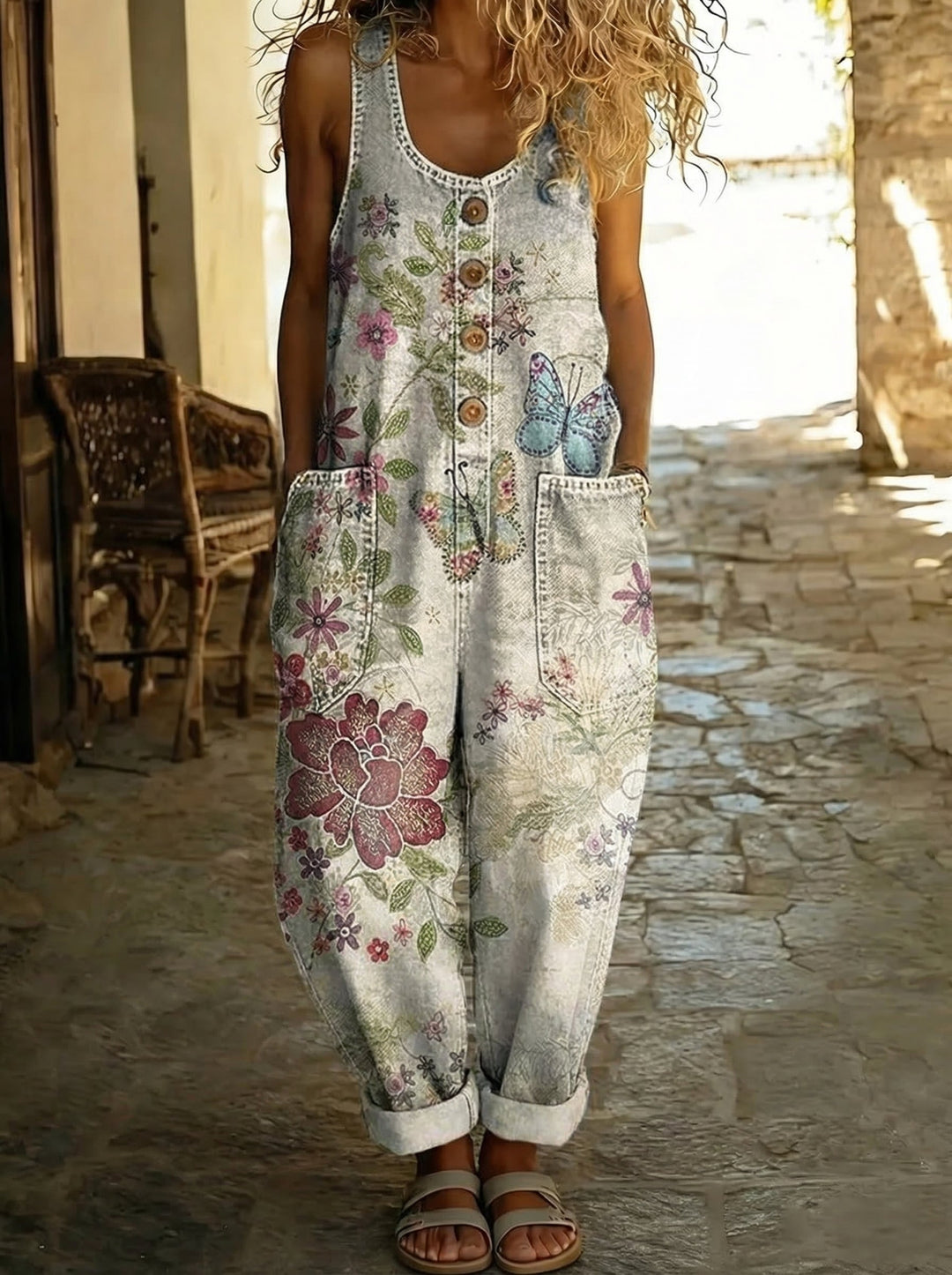Adèle™ - Salopette en denim imprimé fleurs et papillons avec coupe ballon Henri Lyon