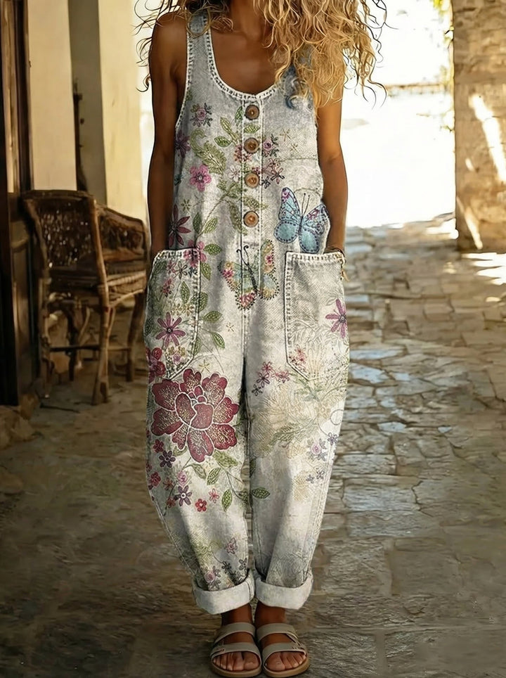 Adèle™ - Salopette en denim imprimé fleurs et papillons avec coupe ballon Henri Lyon