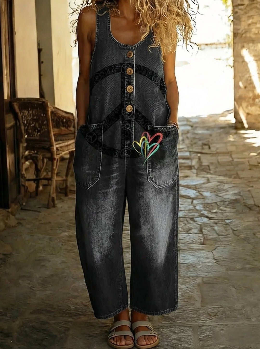 Lilou™ - Salopette en denim imprimé Peace et cœur coloré avec coupe large Henri Lyon