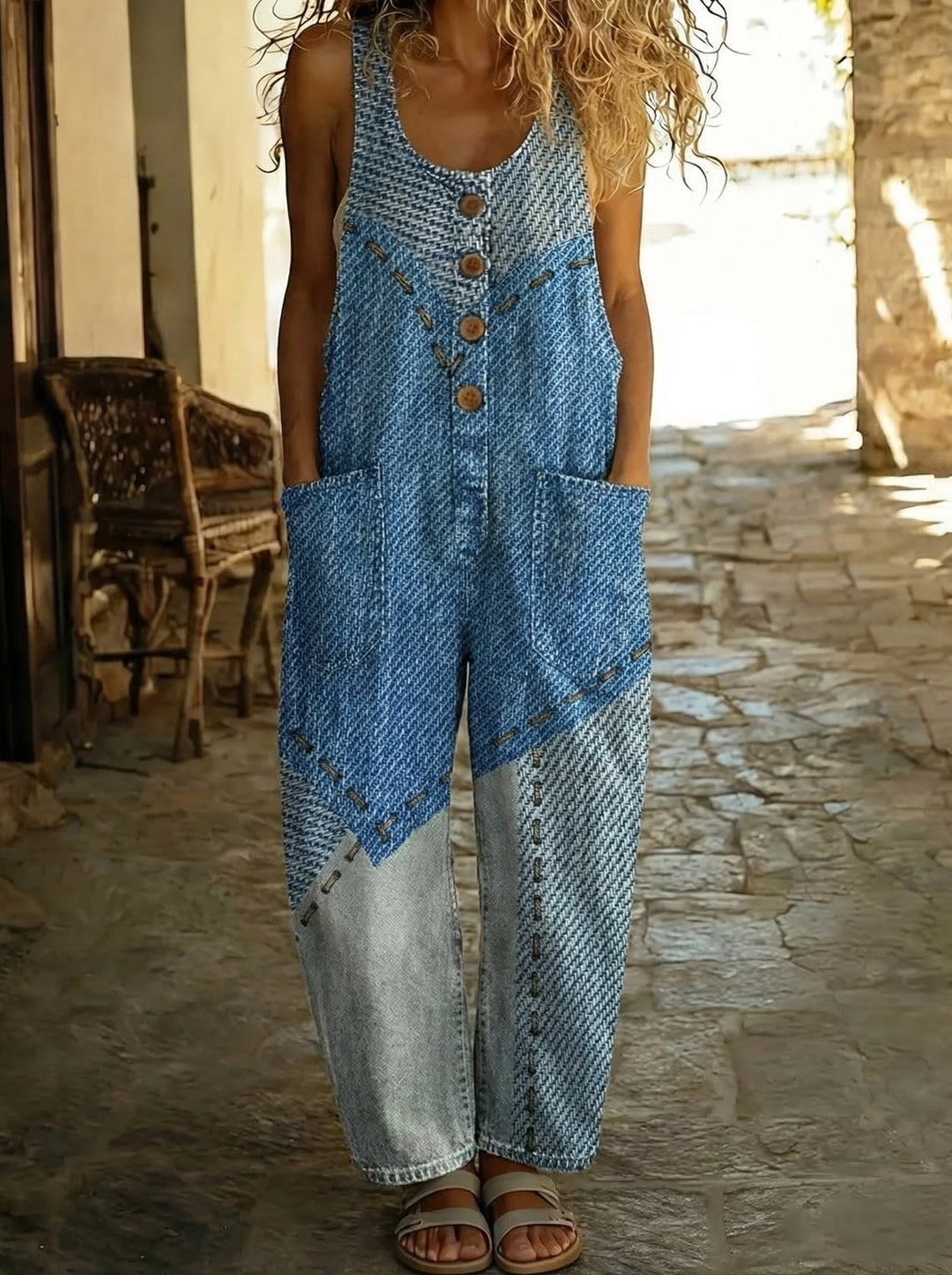 Romane™ - Salopette en denim texturé bicolore avec boutons et coupe large Henri Lyon