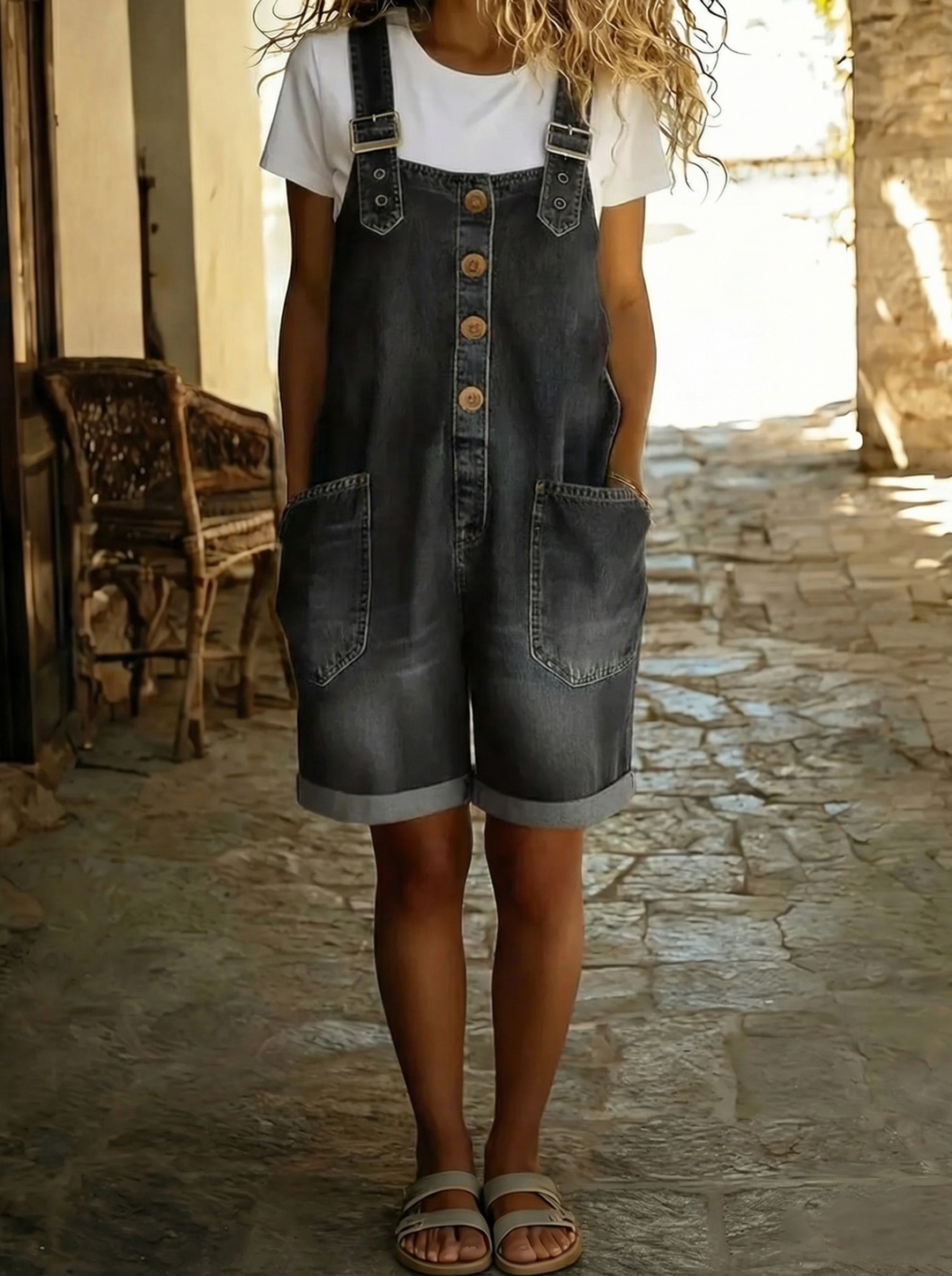 Louise™ - Salopette courte vintage en coton effet denim avec bretelles réglables Henri Lyon