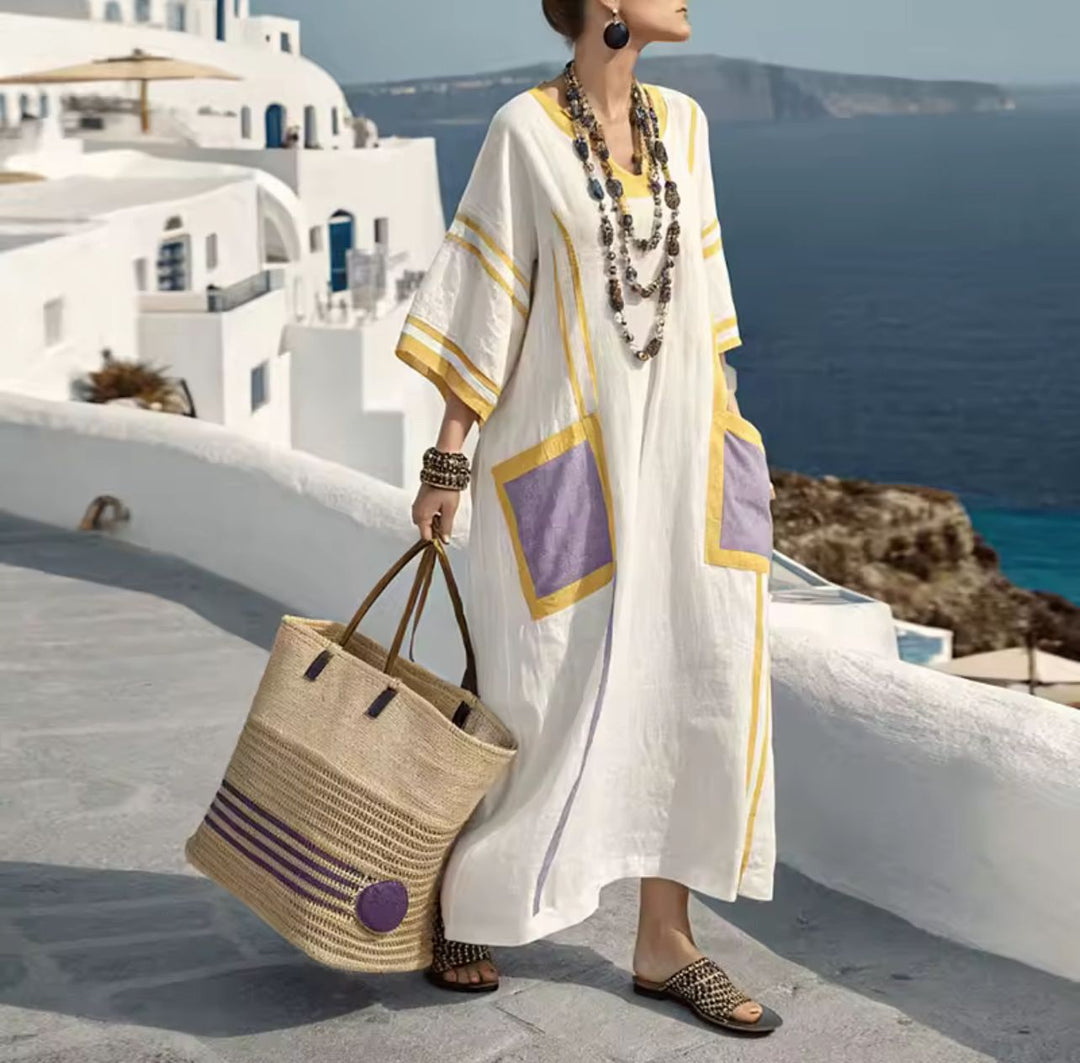 Robe Caftan "Mila" aux Poches Lavande et Détails Solaires Henri Lyon