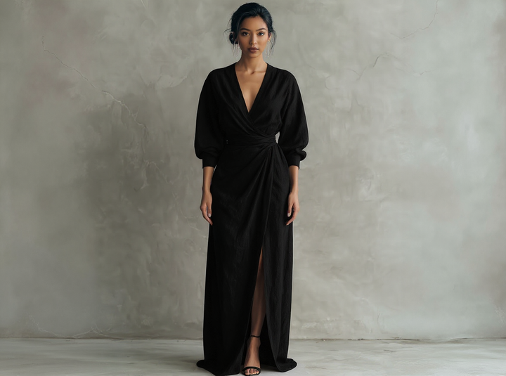 Robe longue rose minimaliste à décolleté en V en mélange de lin pour femmes Henri Lyon