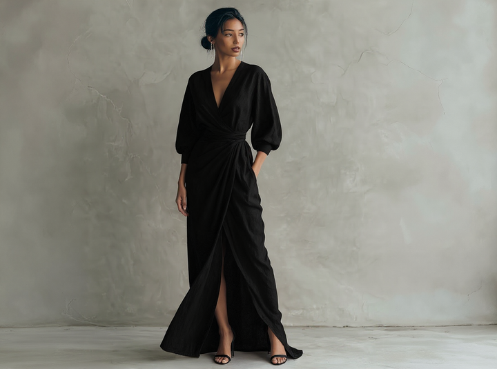 Robe longue rose minimaliste à décolleté en V en mélange de lin pour femmes Henri Lyon