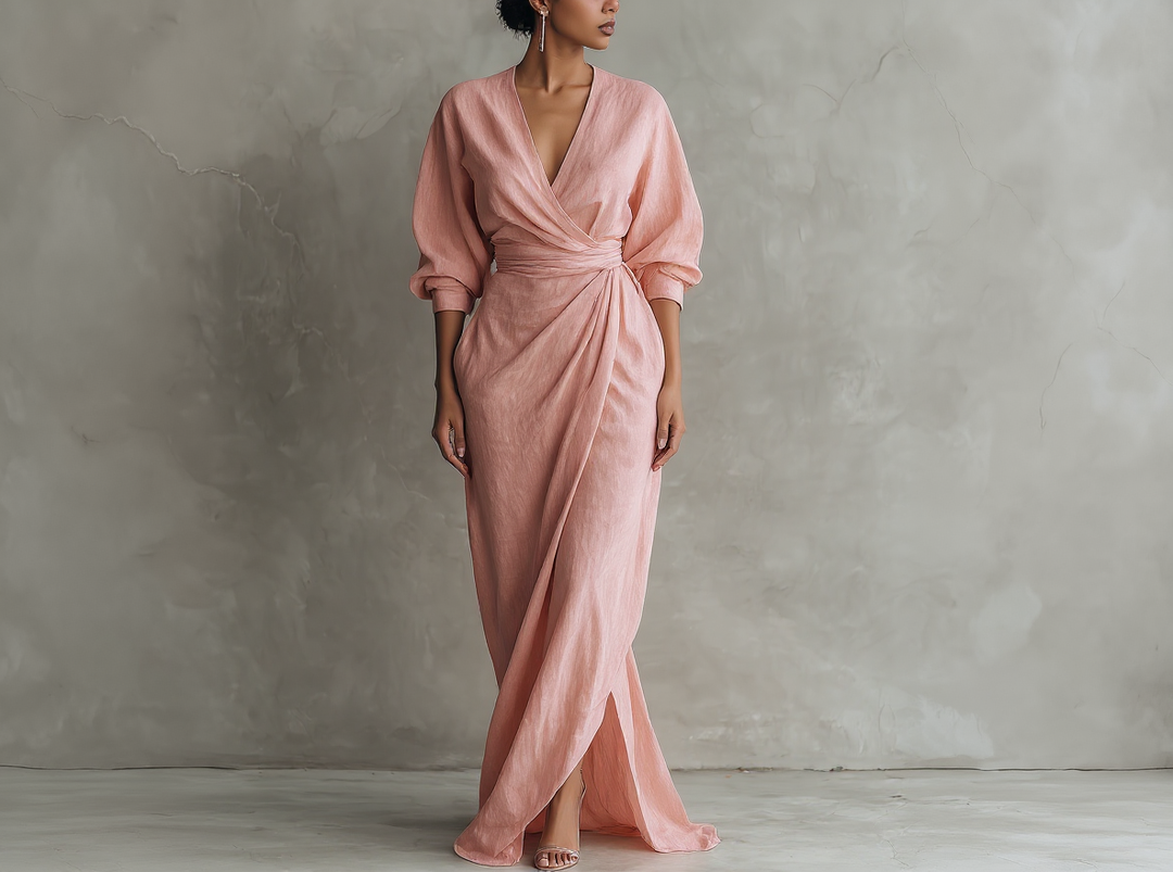 Robe longue rose minimaliste à décolleté en V en mélange de lin pour femmes Henri Lyon
