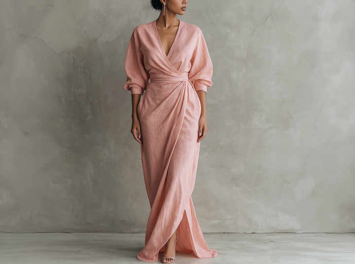 Robe longue rose minimaliste à décolleté en V en mélange de lin pour femmes Henri Lyon