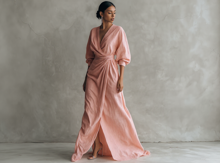 Robe longue rose minimaliste à décolleté en V en mélange de lin pour femmes Henri Lyon