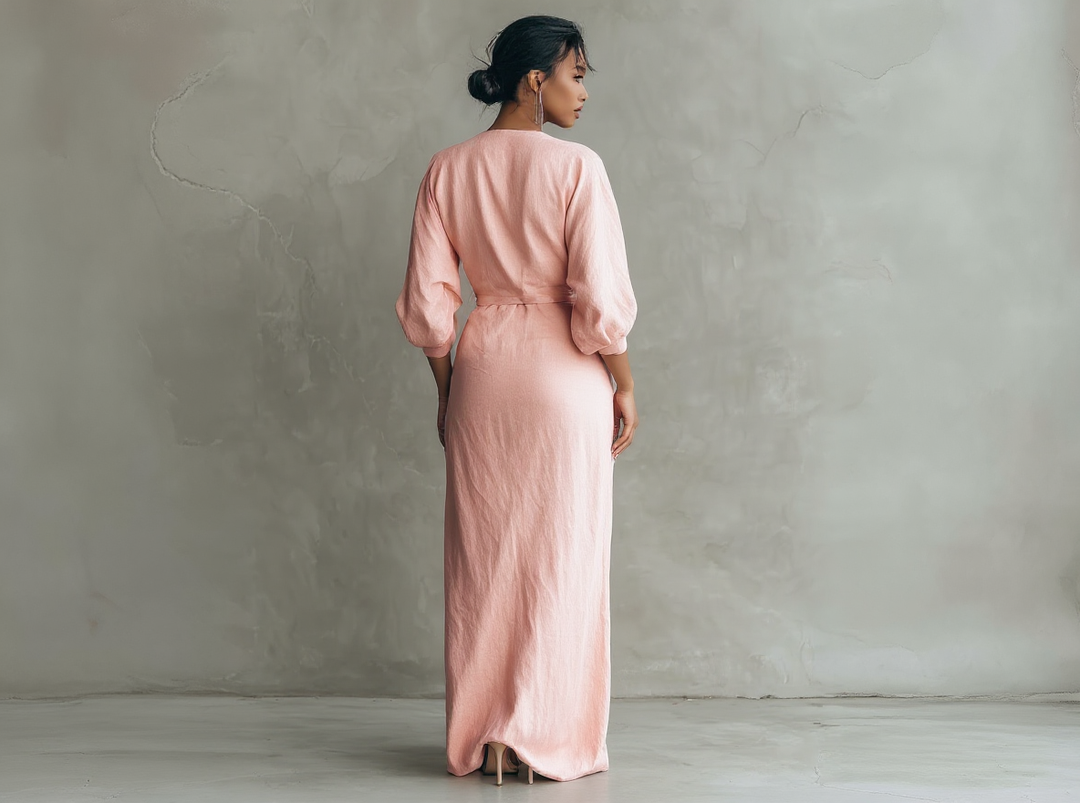 Robe longue rose minimaliste à décolleté en V en mélange de lin pour femmes Henri Lyon
