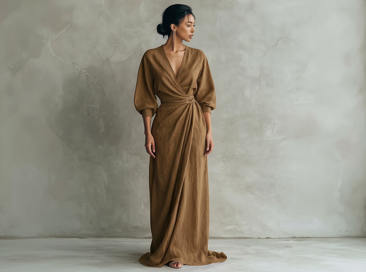 Robe longue rose minimaliste à décolleté en V en mélange de lin pour femmes Henri Lyon