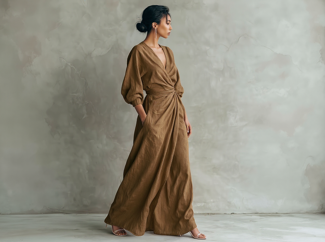 Robe longue rose minimaliste à décolleté en V en mélange de lin pour femmes Henri Lyon