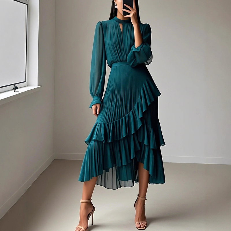 Zelena - Robe midi élégante plissée avec volants Henri Lyon